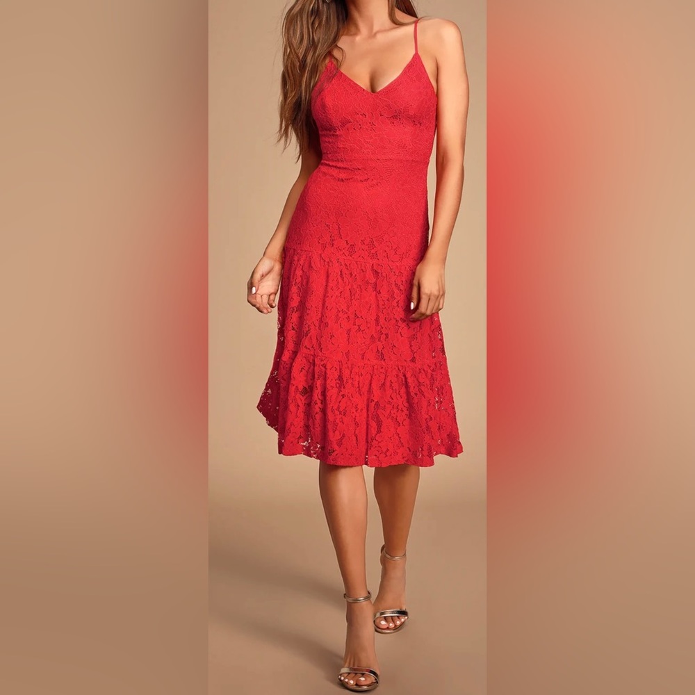 50% off. Manning Red Lace Tiered Midi Dress
Lulus (photos Credit: Lulus website)